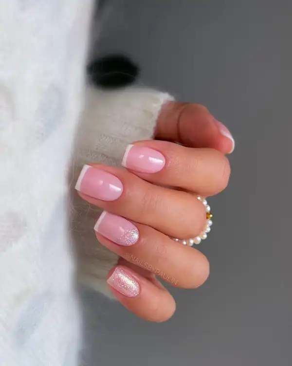 classic french tip design with glitter art on square nails