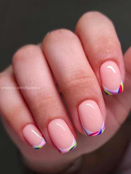 short square nails with simple colorful art on french tips design