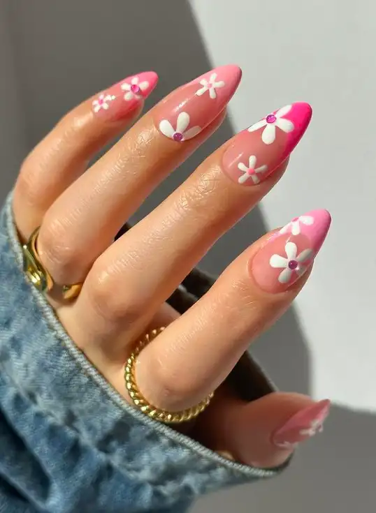 White Flower Art on Pink French Tips