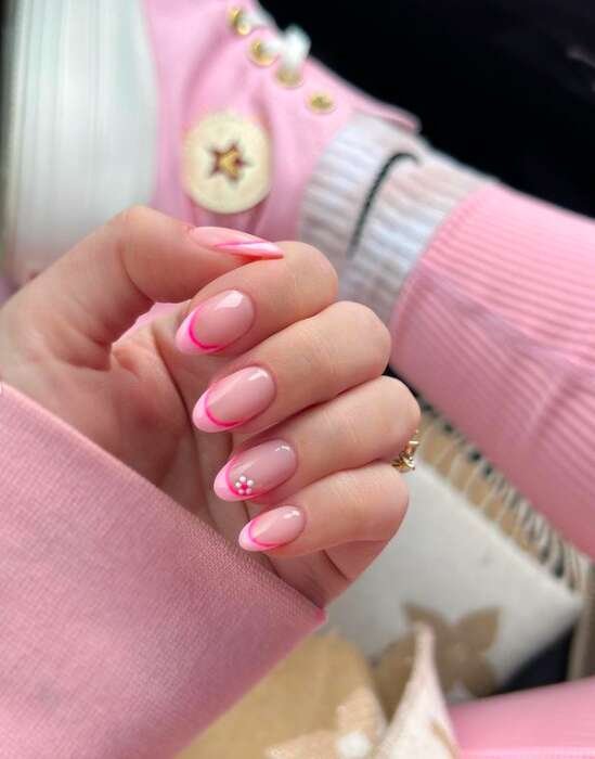 Pink on Pink Frenchie with Tiny Flower design on short oval nails