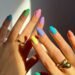 long oval nails with colored skittle design