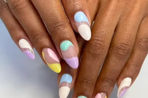 long oval nails with organic pastel art
