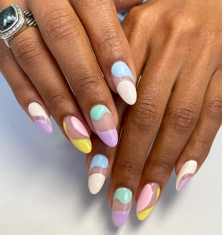 long oval nails with organic pastel art