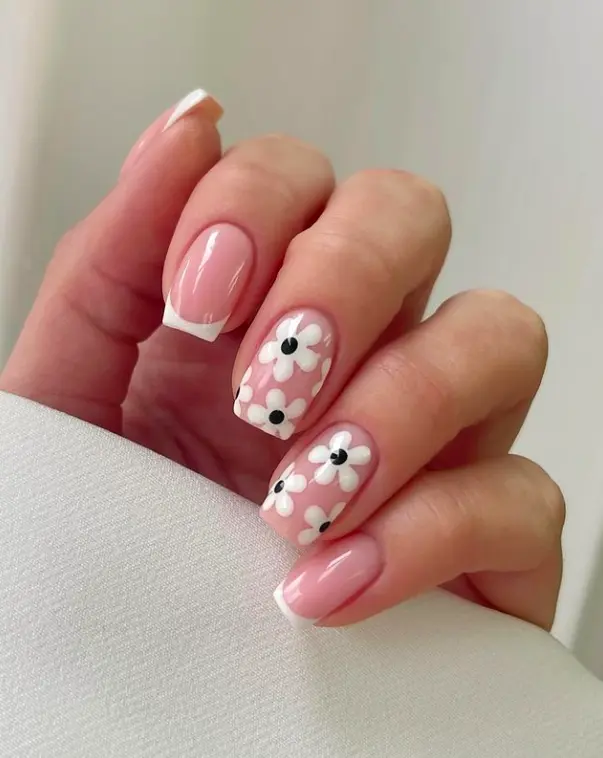 french tips and black and white flowers design on short square nails