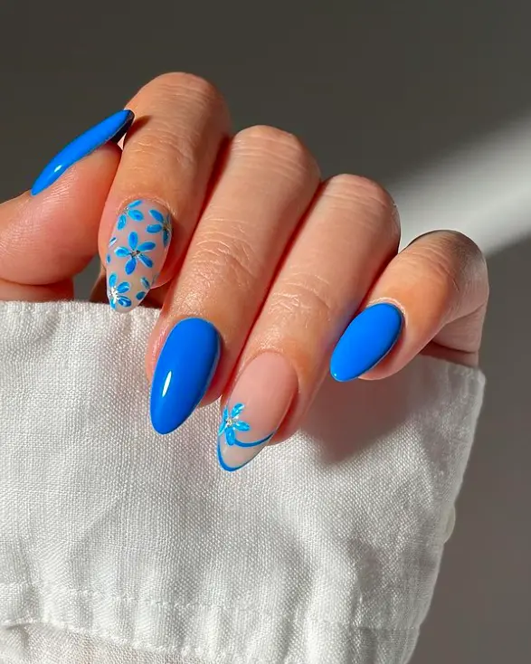 long oval nails with blue flower art