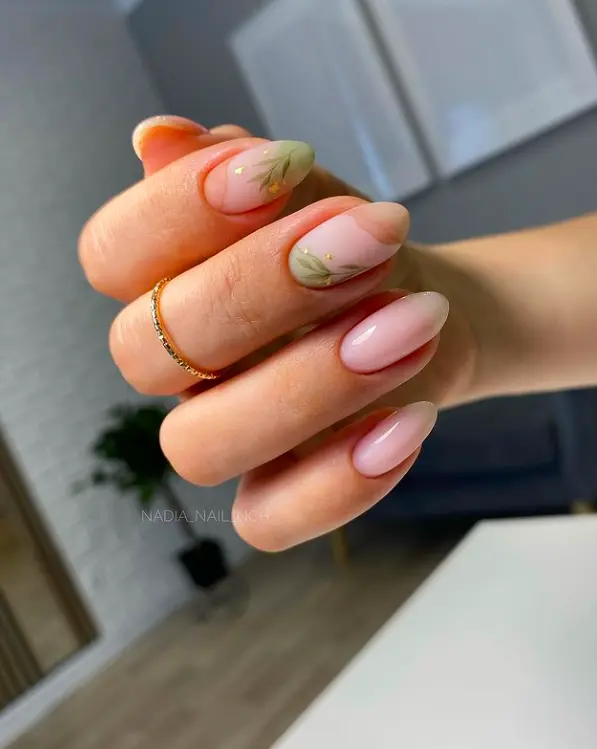 short almond nails with watercolor botanical art in green and light brown
