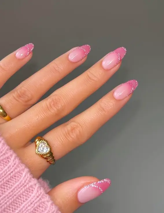 long nails with gradient pink glitter ombré design