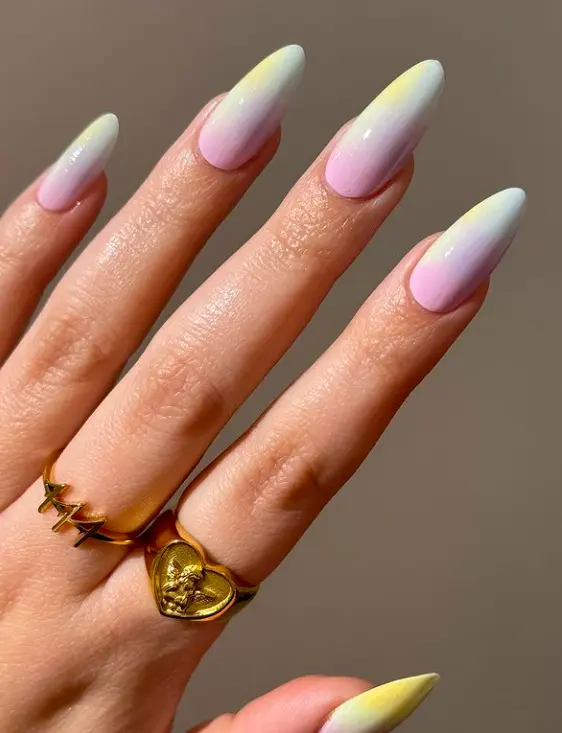 long oval nails with pastel abstract art