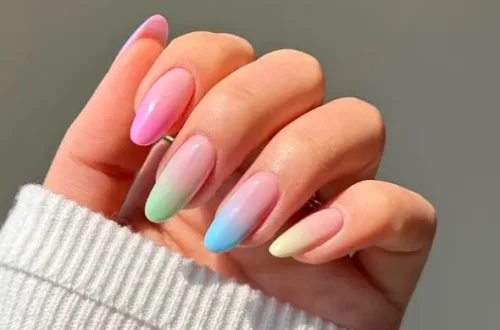 oval nails with multicolored pastel ombre design