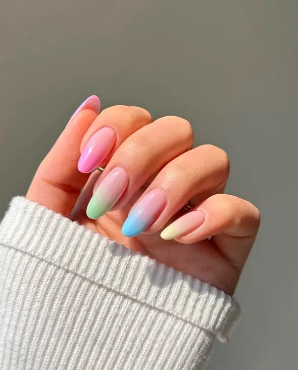oval nails with multicolored pastel ombre design