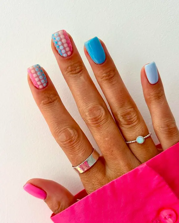 short square nails with pink and blue easy dot design