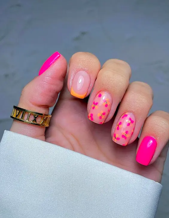 short square nails with hot pink and orange flower design