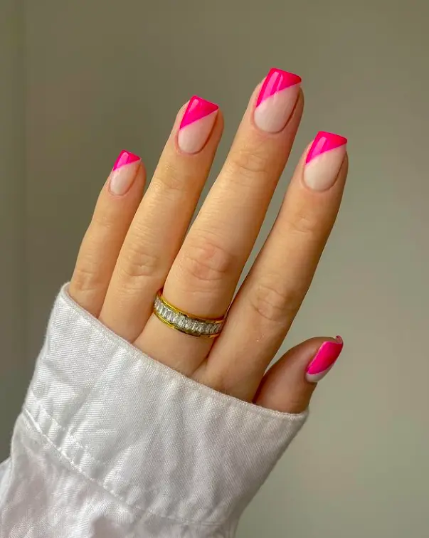 short square nails with simple hot pink design