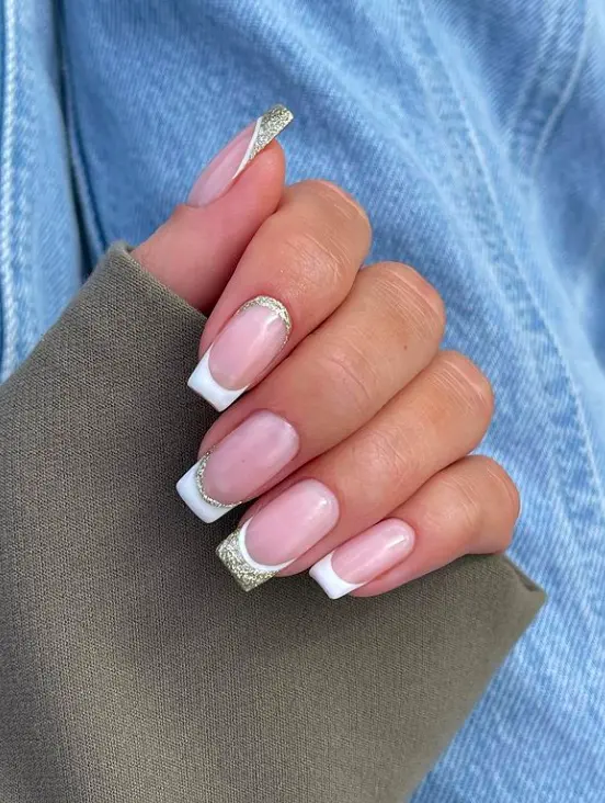 square nails with white and gold glitter french tips