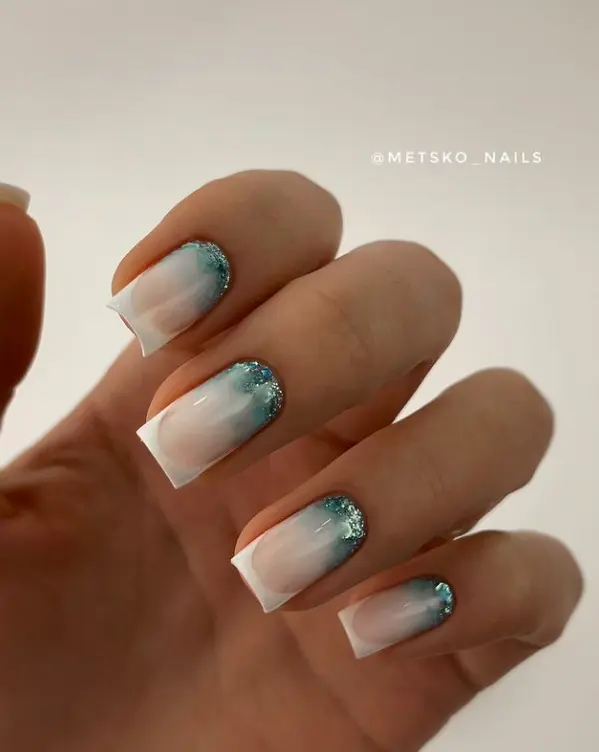 long square nails with white french tips green ombre cuff with glitter